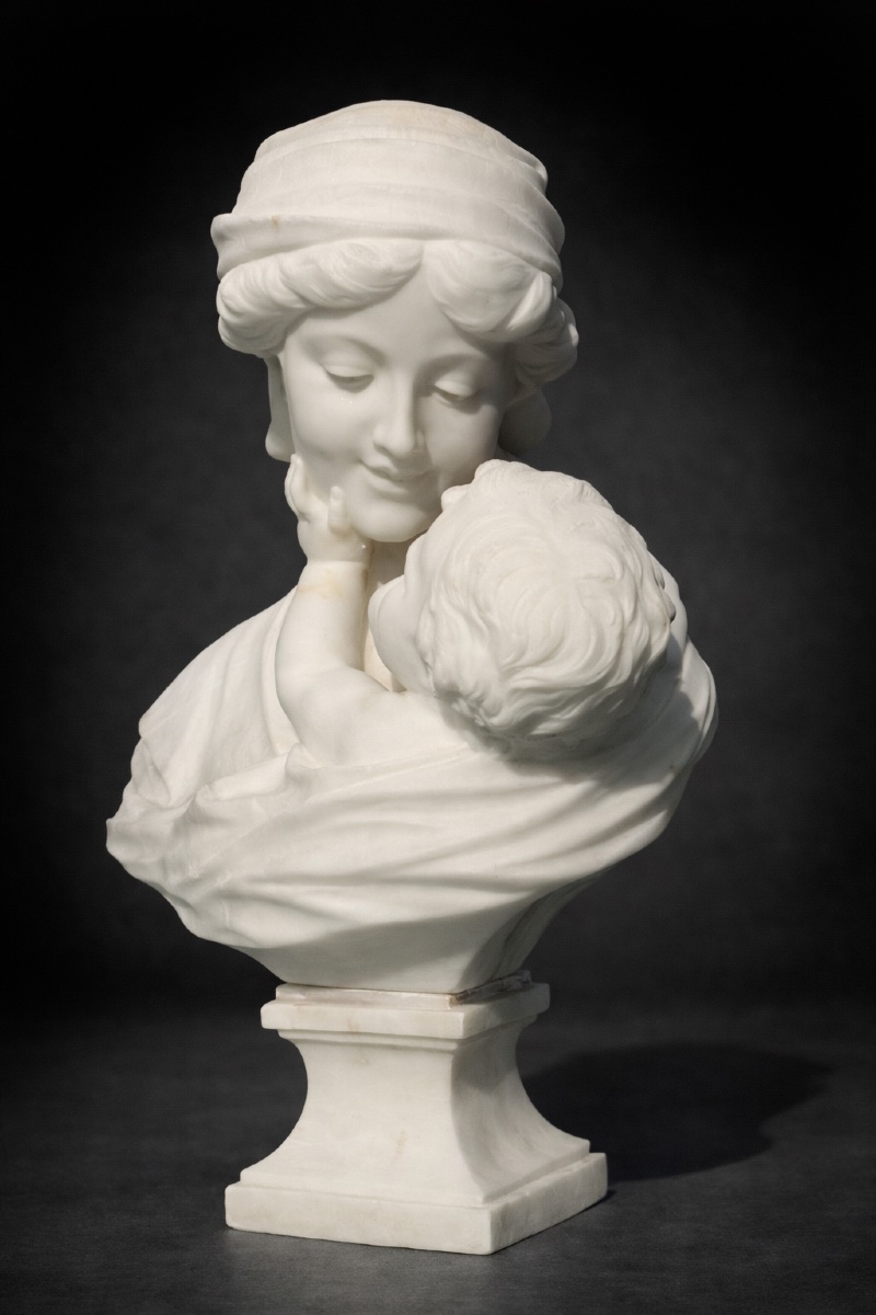 Alabaster Sculpture, Mother & Child, Maternal Love, Signed Gugliemo Pugi, 19th Century-photo-2