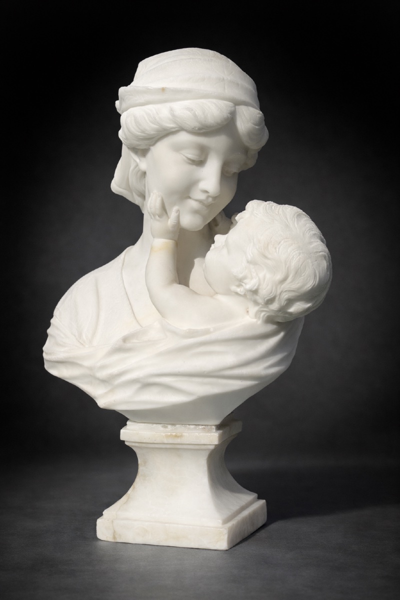 Alabaster Sculpture, Mother & Child, Maternal Love, Signed Gugliemo Pugi, 19th Century-photo-4
