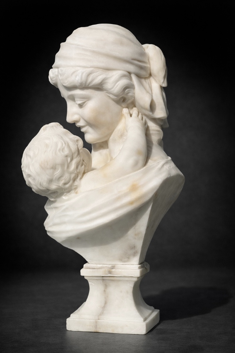 Alabaster Sculpture, Mother & Child, Maternal Love, Signed Gugliemo Pugi, 19th Century-photo-2