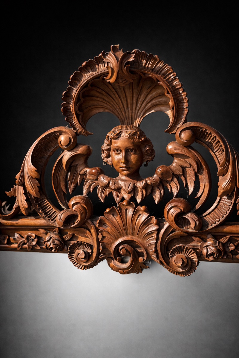 Grand Miroir En Noyer Sculpté , Style Baroque XVIIIe , Angelot , Ange Napoléon III -photo-3