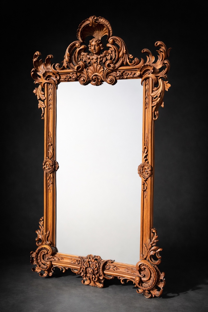 Grand Miroir En Noyer Sculpté , Style Baroque XVIIIe , Angelot , Ange Napoléon III 