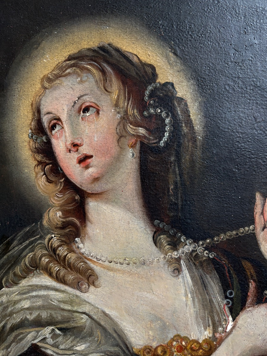Huile Sur Toile Style XVIIe Peinture Religieuse , Sainte Marie Madeleine Repentante Vanité-photo-2