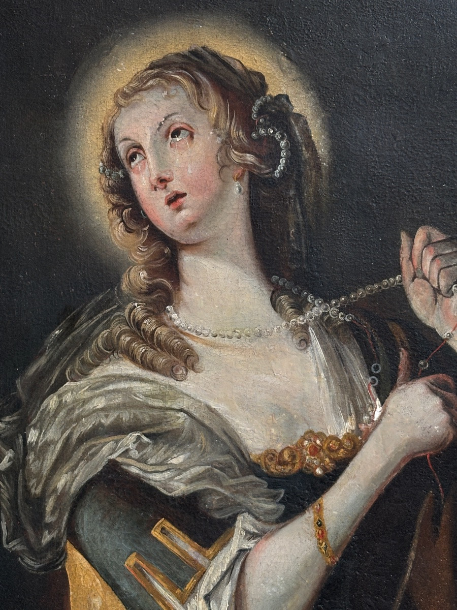 Huile Sur Toile Style XVIIe Peinture Religieuse , Sainte Marie Madeleine Repentante Vanité-photo-3