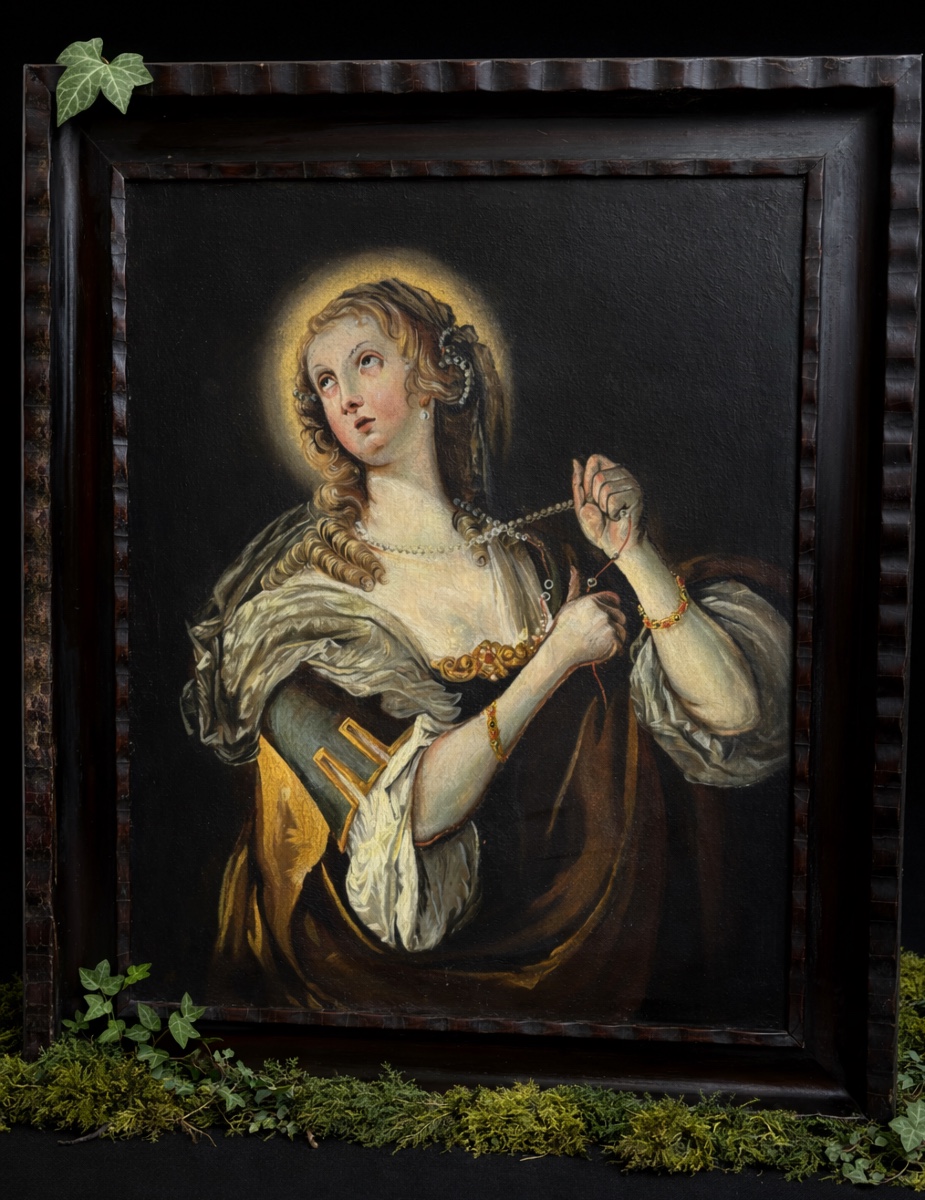 Huile Sur Toile Style XVIIe Peinture Religieuse , Sainte Marie Madeleine Repentante Vanité