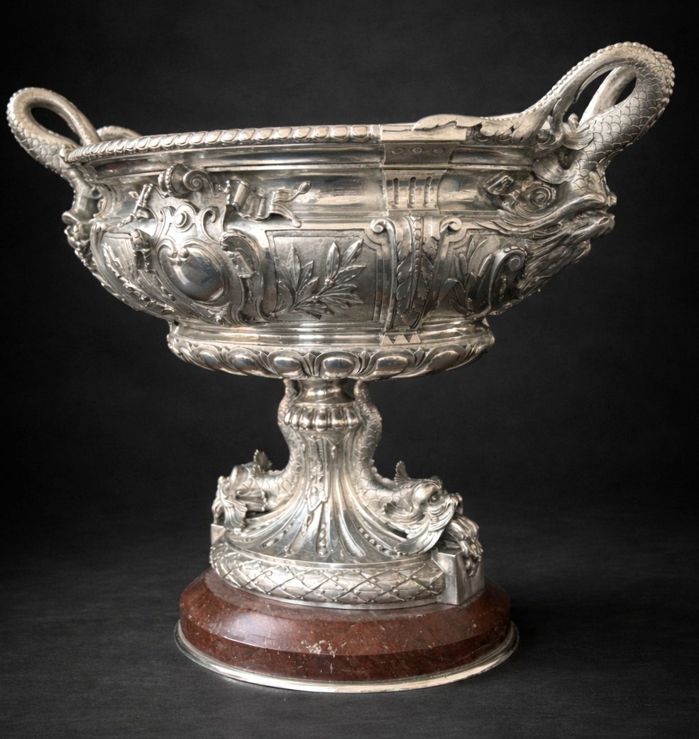 Importante Jardiniere en Bronze Argenté & marbre , Epoque Napoléon iii , Centre de Table XIXe-photo-3