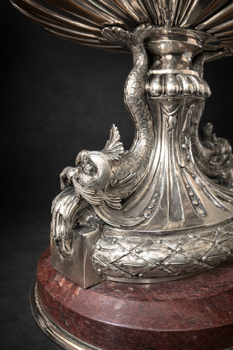 Importante Jardiniere en Bronze Argenté & marbre , Epoque Napoléon iii , Centre de Table XIXe-photo-4