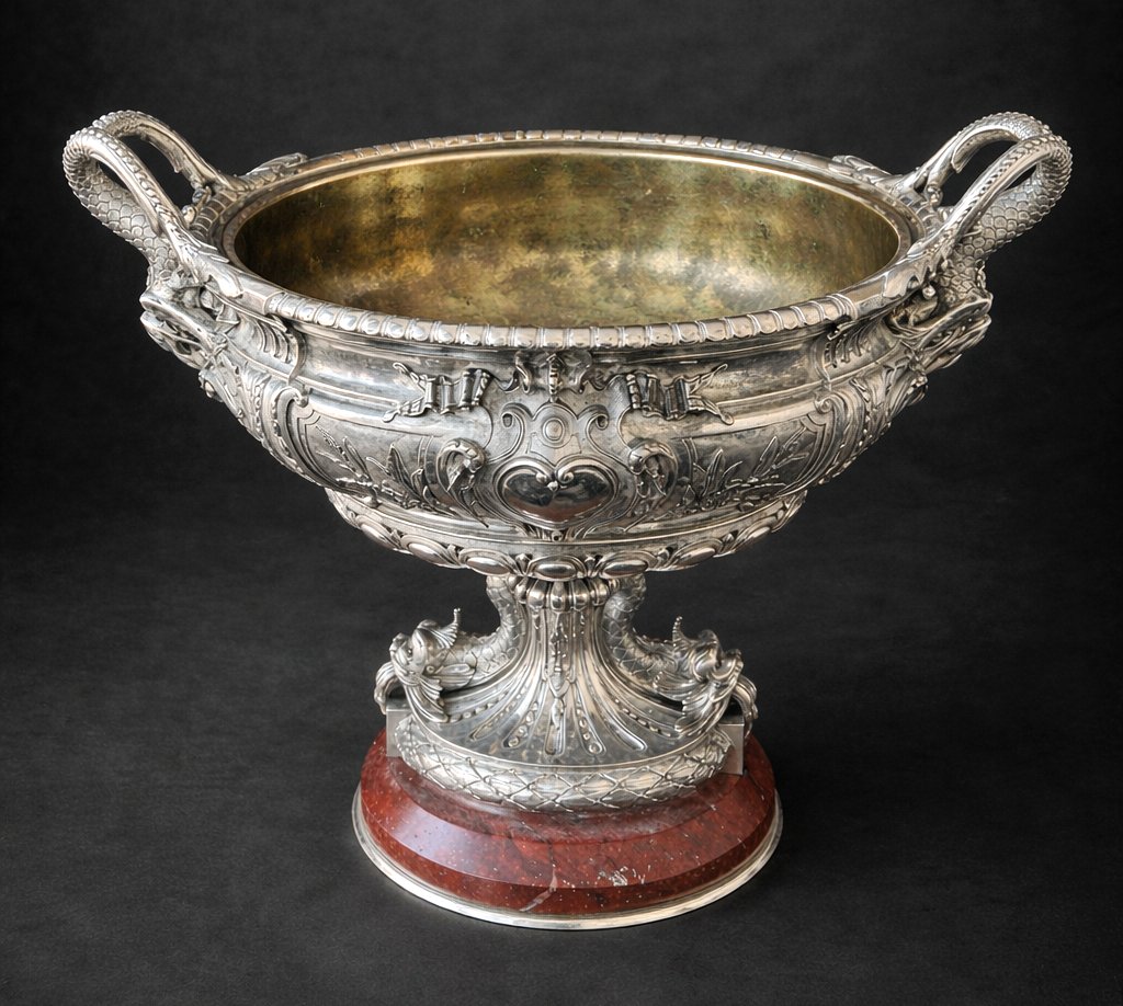 Importante Jardiniere en Bronze Argenté & marbre , Epoque Napoléon iii , Centre de Table XIXe-photo-1