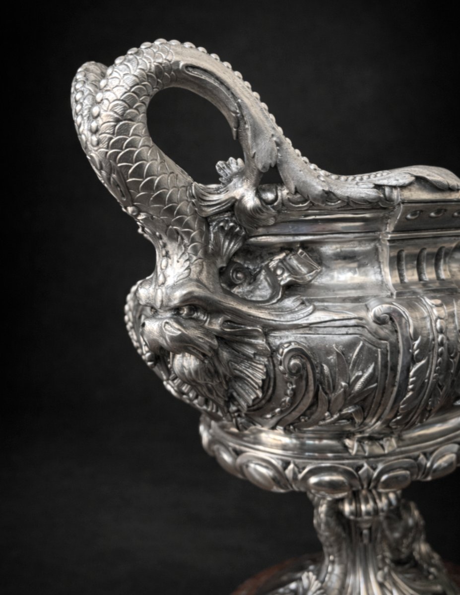 Importante Jardiniere en Bronze Argenté & marbre , Epoque Napoléon iii , Centre de Table XIXe-photo-2