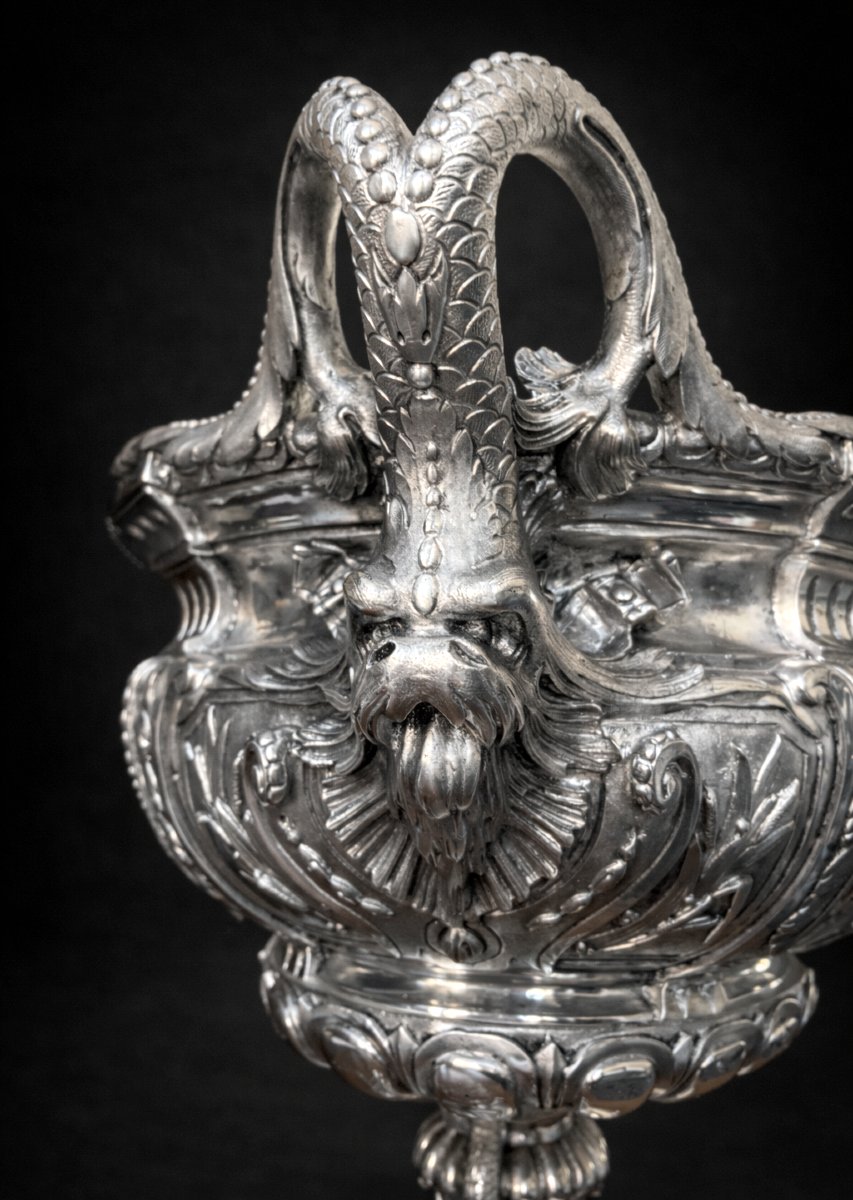 Importante Jardiniere en Bronze Argenté & marbre , Epoque Napoléon iii , Centre de Table XIXe-photo-3