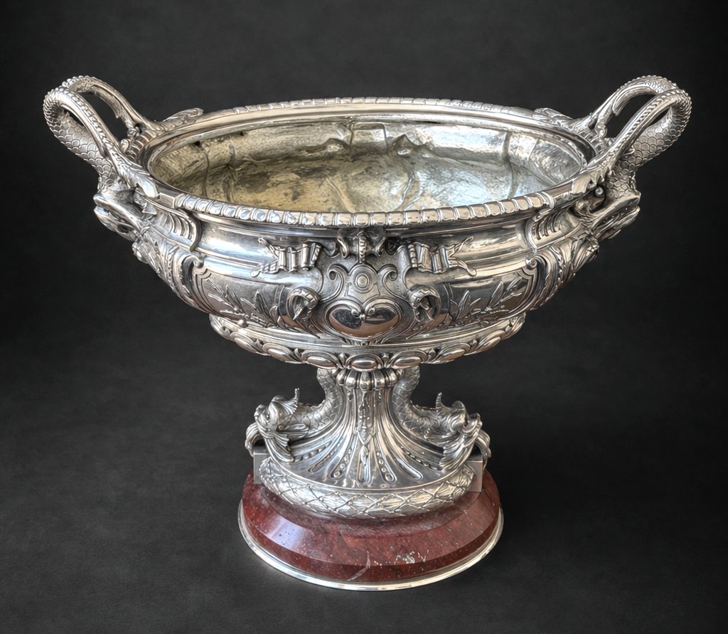 Importante Jardiniere en Bronze Argenté & marbre , Epoque Napoléon iii , Centre de Table XIXe-photo-4