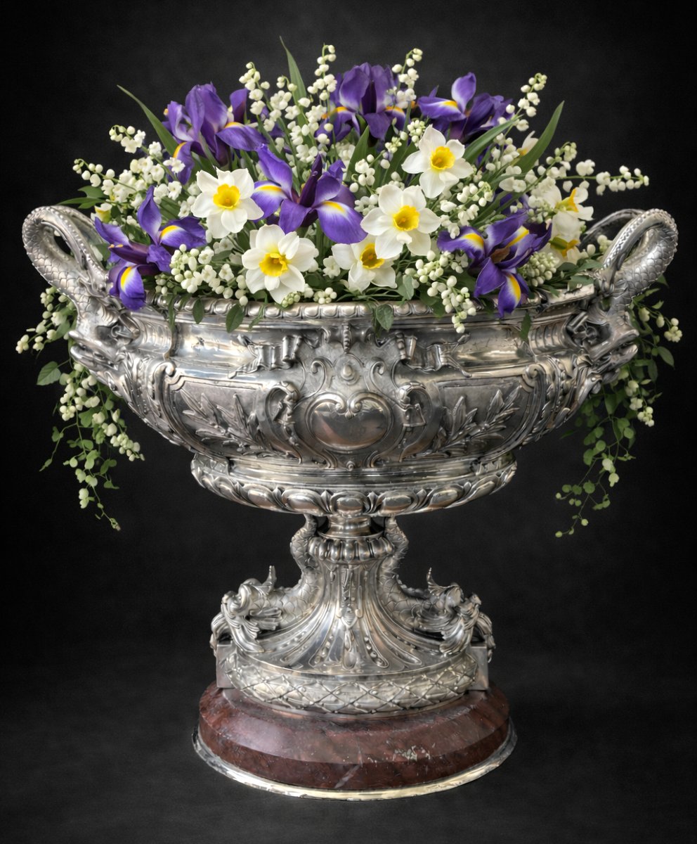 Importante Jardiniere en Bronze Argenté & marbre , Epoque Napoléon iii , Centre de Table XIXe-photo-5