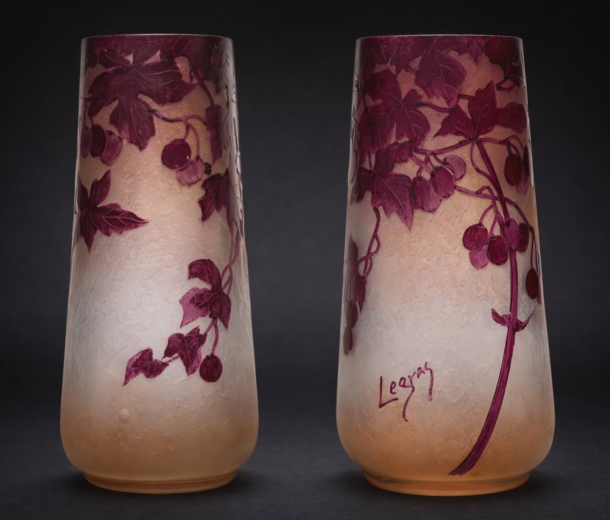 Vase Cornet Theodore Legras , Serie Rubis , Verre Givré & Dégagé à l'Acide , Art Nouveau XIXe-photo-3