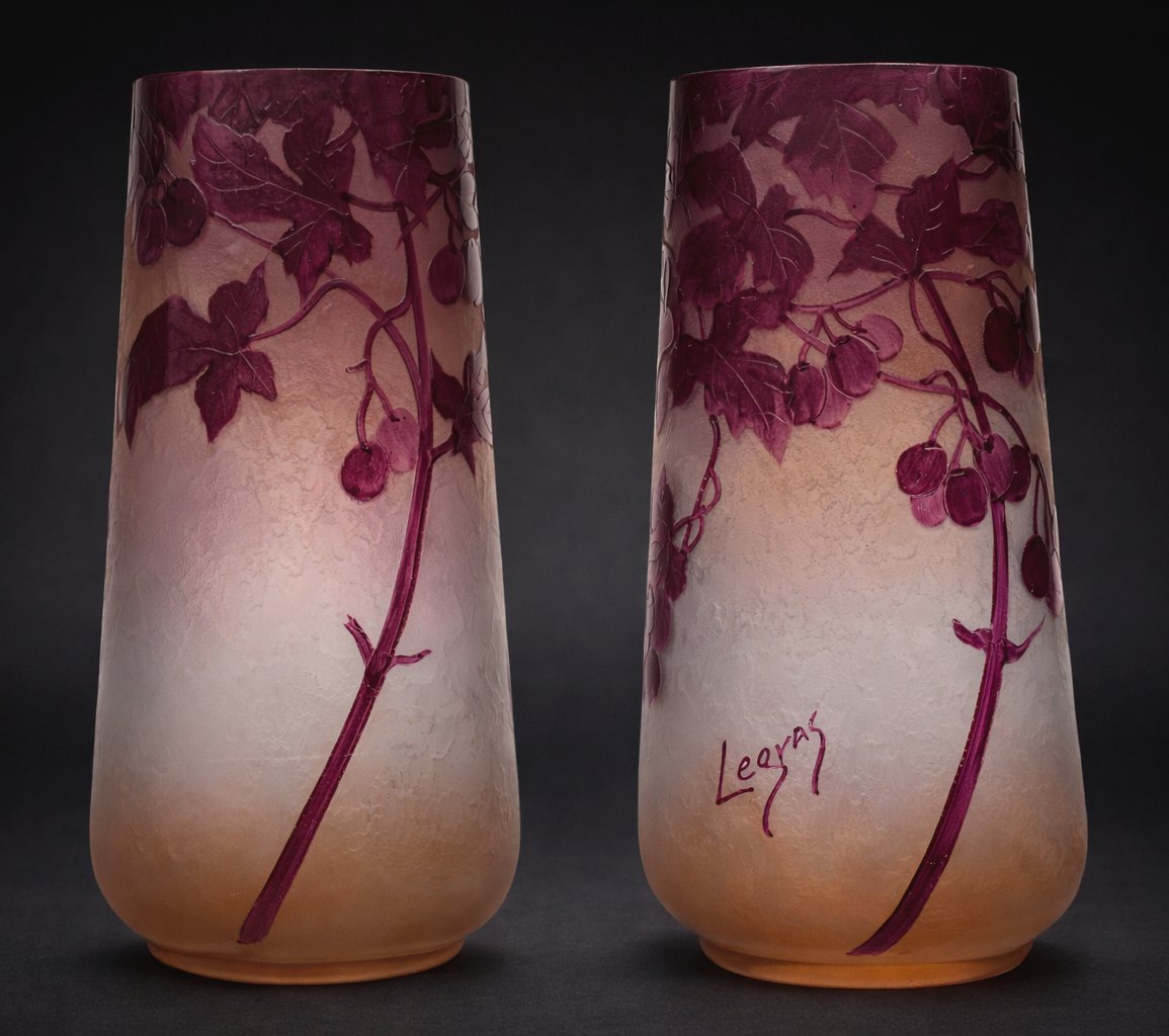 Vase Cornet Theodore Legras , Serie Rubis , Verre Givré & Dégagé à l'Acide , Art Nouveau XIXe-photo-1