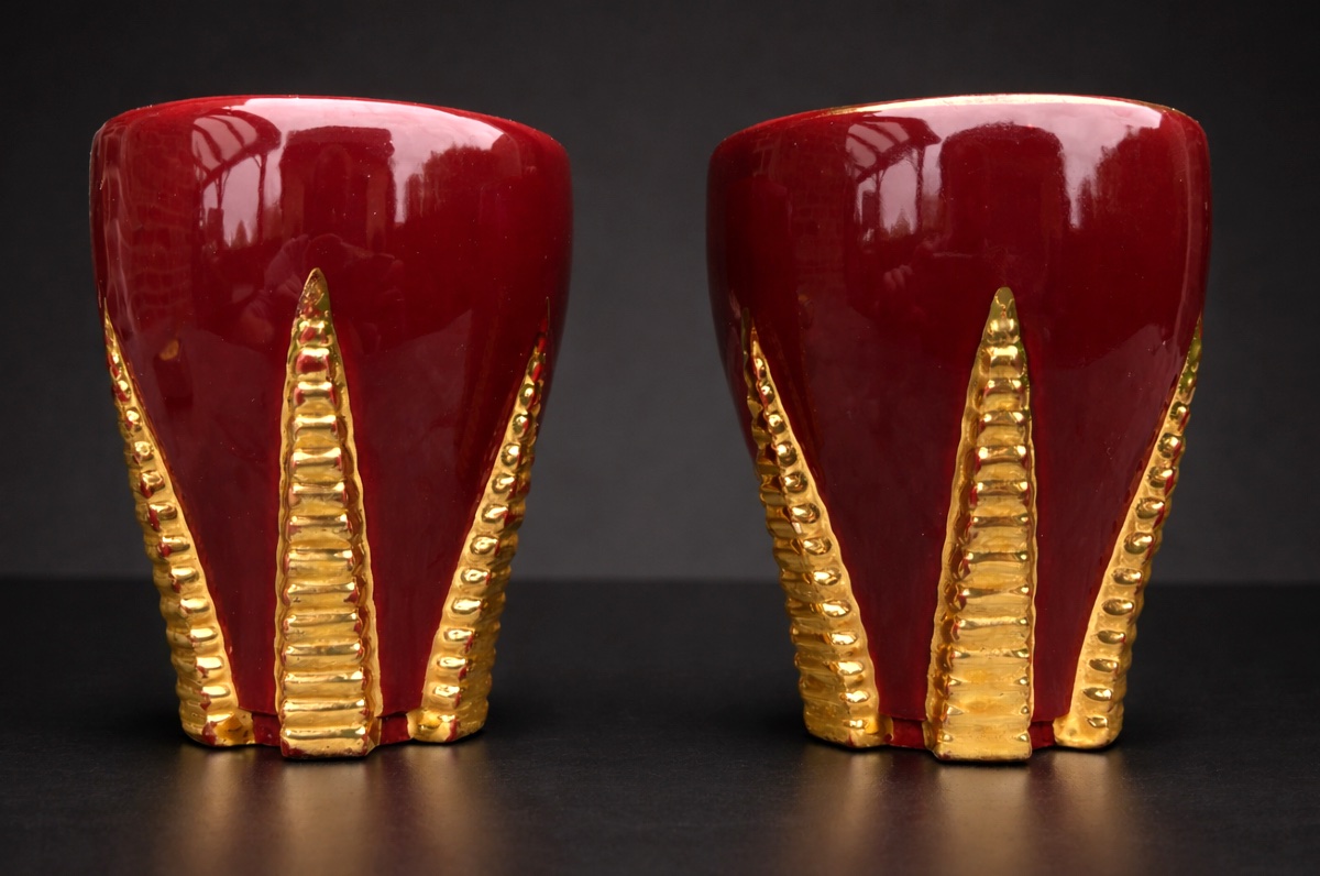 Pair De Cache Pots / Vases , Faïence Art Déco , 1940 , Signed Blanche Letalle , Saint Clement-photo-2