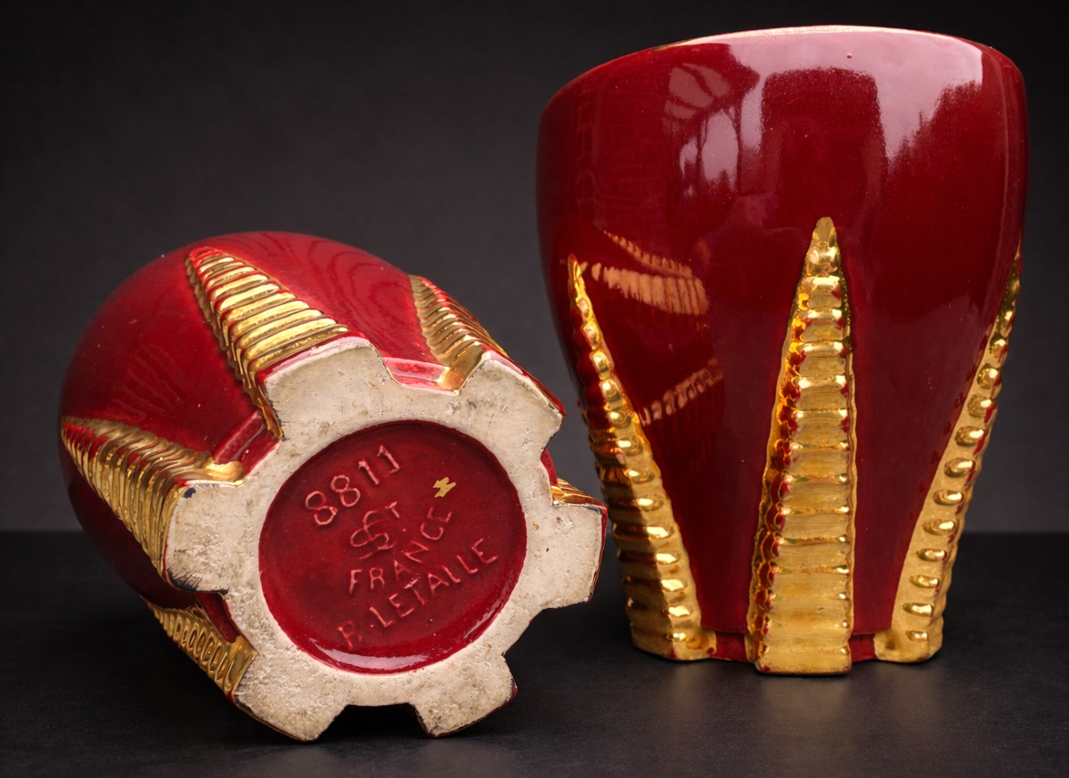 Pair De Cache Pots / Vases , Faïence Art Déco , 1940 , Signed Blanche Letalle , Saint Clement-photo-3