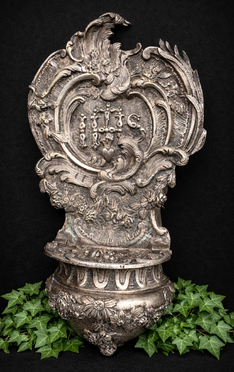 Benitier Mural Epoque Napoléon III , Bronze Argenté XIXe , Style Rocaille / Louis XV