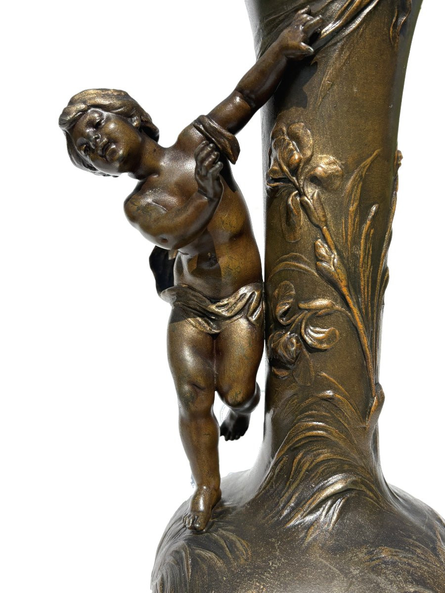 Art Nouveau Vase Period 1900 Signed Louis & François Moreau , XIXth , Iris , Frog , Child-photo-4