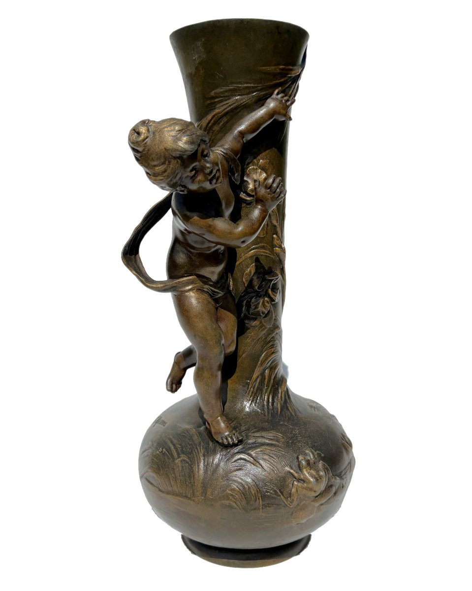 Art Nouveau Vase Period 1900 Signed Louis & François Moreau , XIXth , Iris , Frog , Child-photo-2