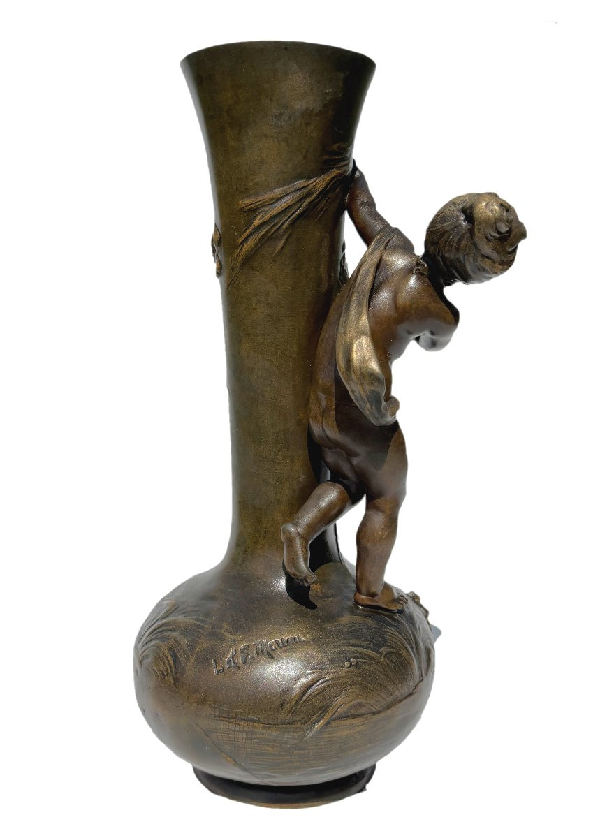 Art Nouveau Vase Period 1900 Signed Louis & François Moreau , XIXth , Iris , Frog , Child-photo-3
