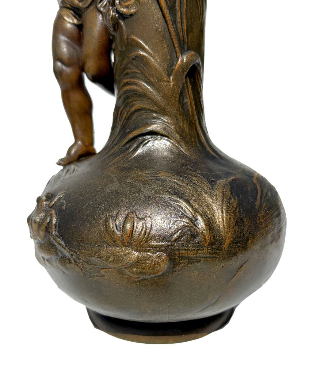 Art Nouveau Vase Period 1900 Signed Louis & François Moreau , XIXth , Iris , Frog , Child-photo-7