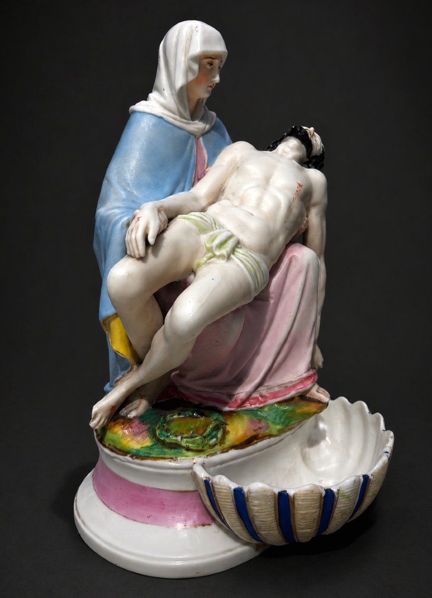 Grand Benitier En Biscuit Polychrome , Vieux Paris XIXe , Pieta , Vierge & Christ Napoléon III-photo-2