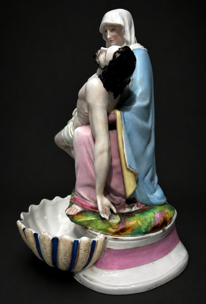 Grand Benitier En Biscuit Polychrome , Vieux Paris XIXe , Pieta , Vierge & Christ Napoléon III-photo-3