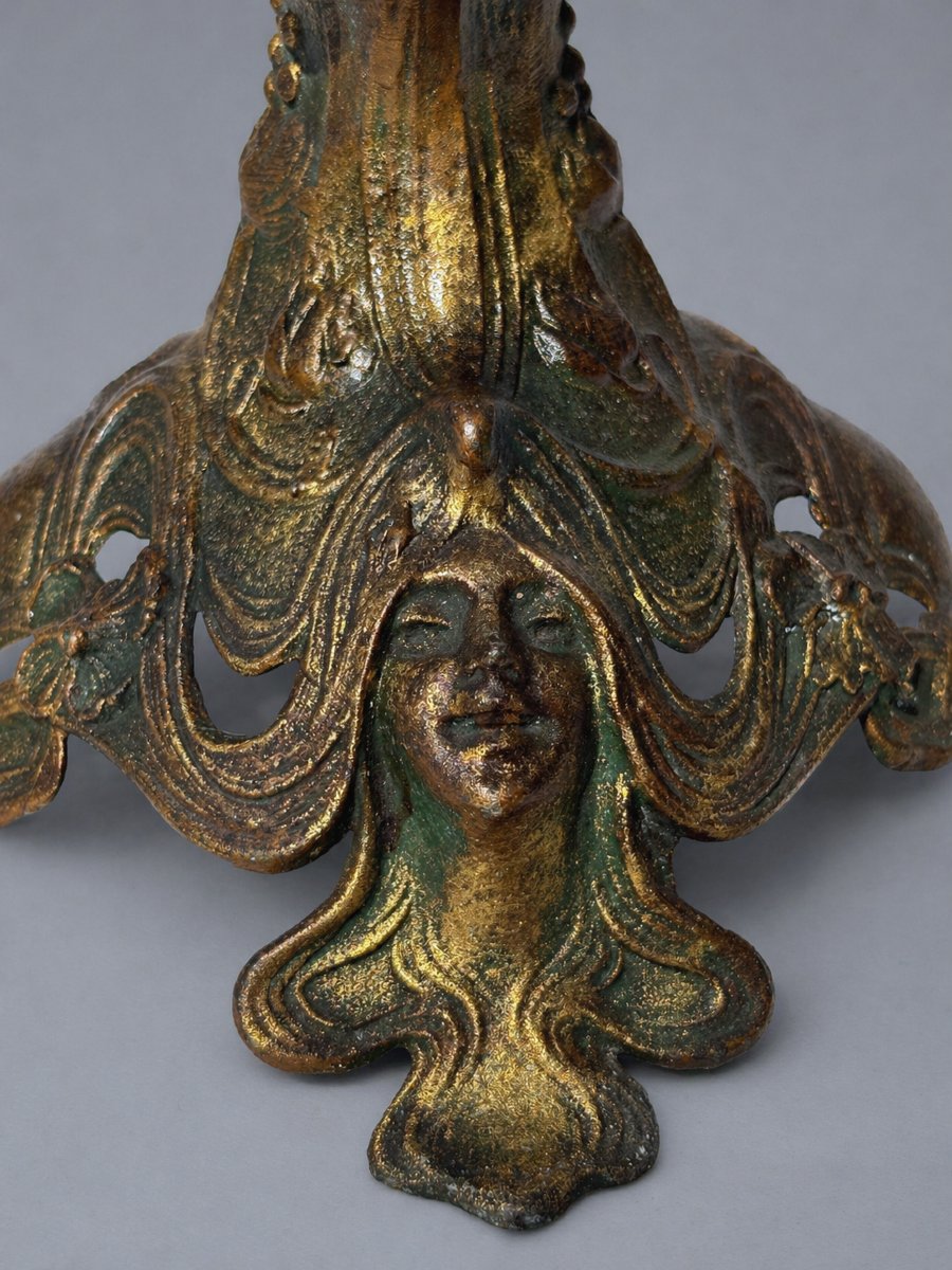 Tulipiere / Centre de Table Epoque 1900 , Style Art Nouveau , Verre Opalescent , Femme Mucha -photo-3