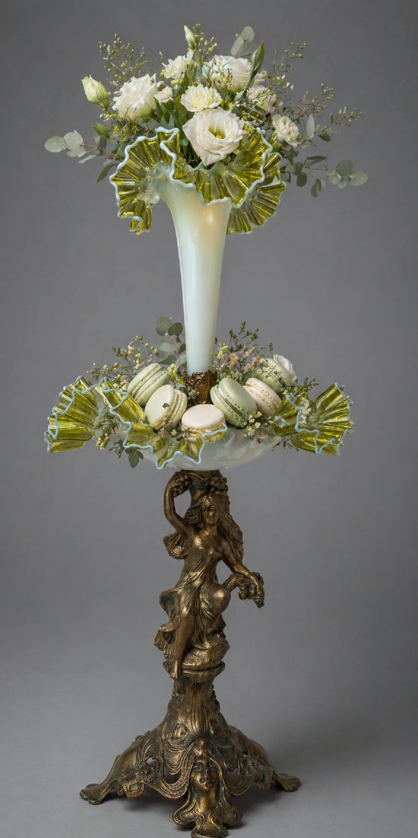 Tulipiere / Centre de Table Epoque 1900 , Style Art Nouveau , Verre Opalescent , Femme Mucha -photo-2