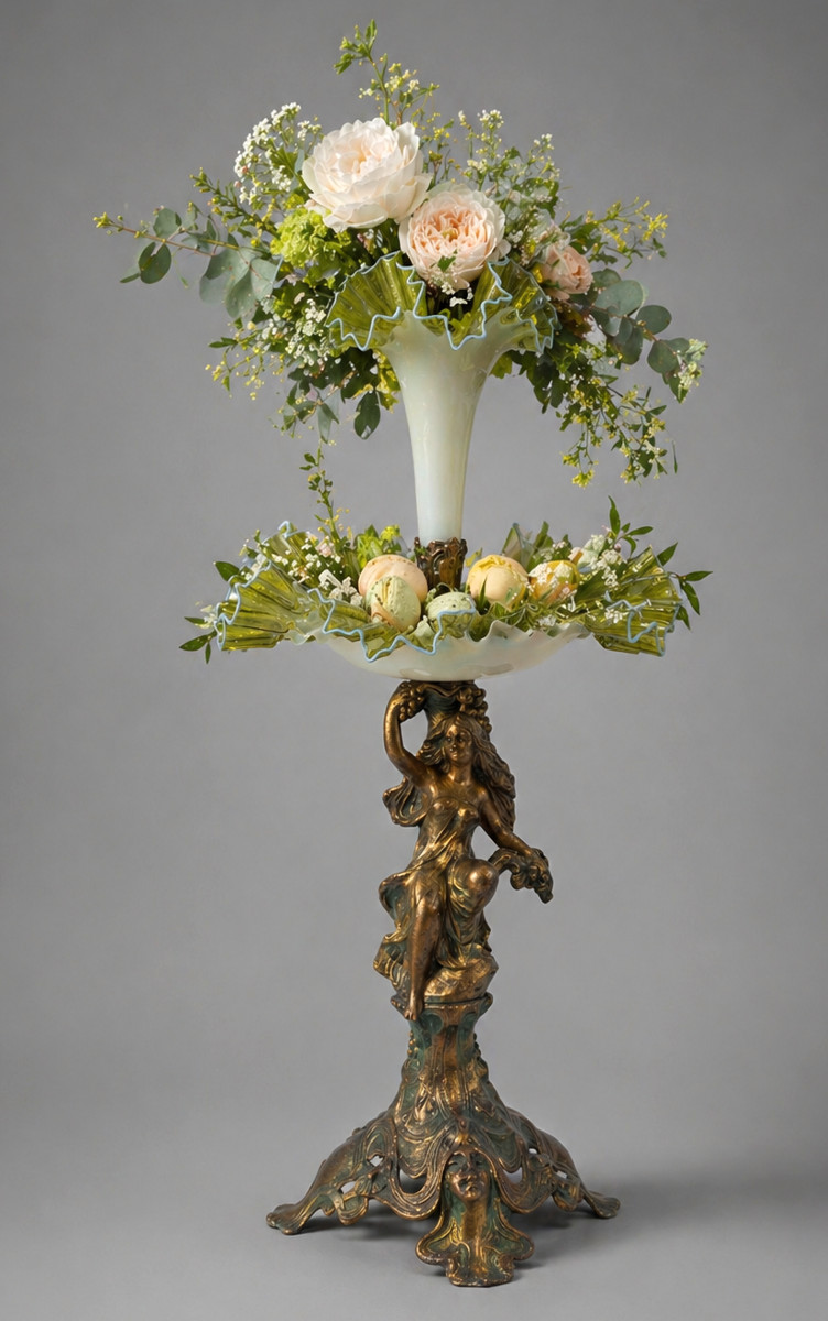 Tulipiere / Centre de Table Epoque 1900 , Style Art Nouveau , Verre Opalescent , Femme Mucha 