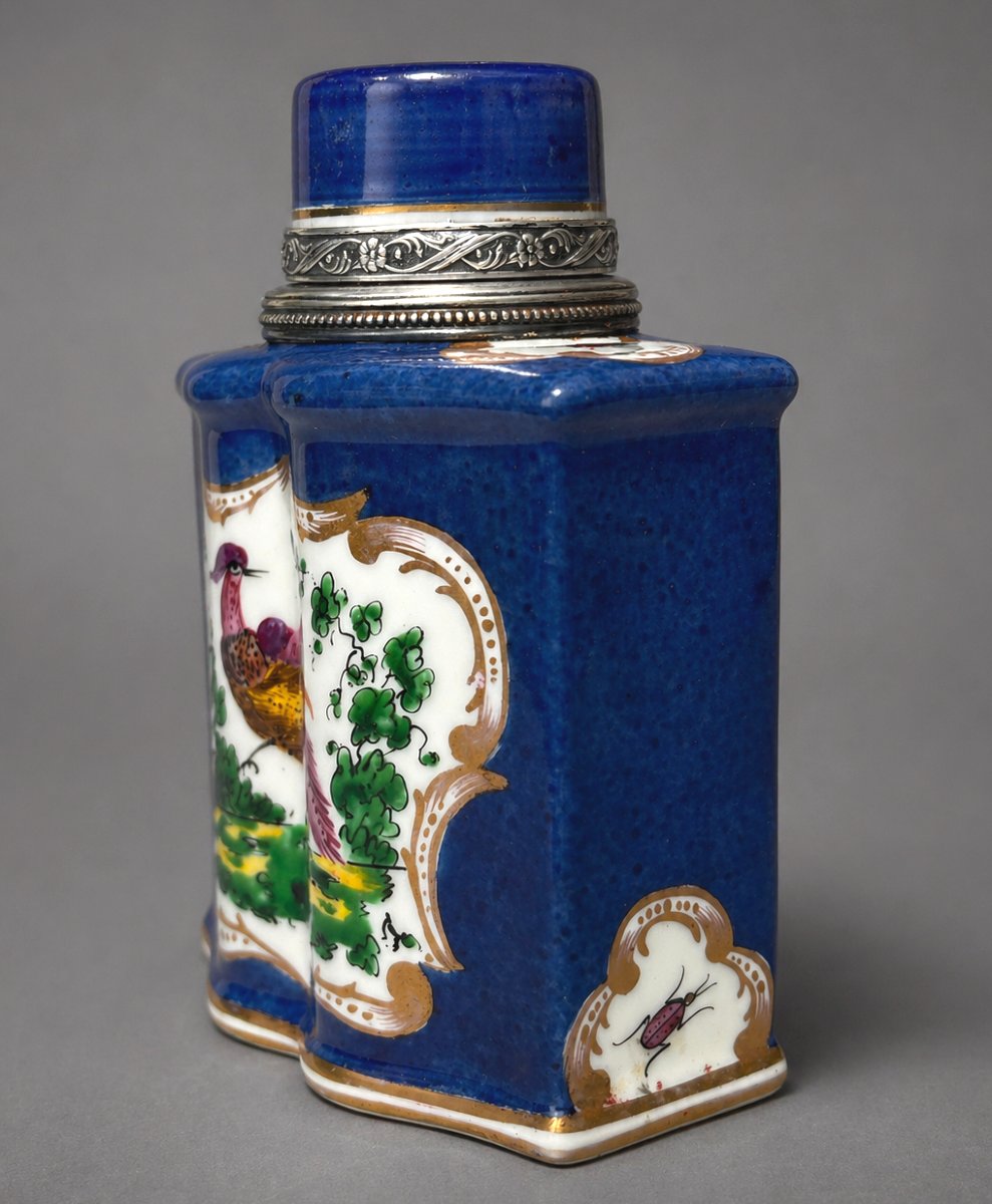 18th Century Porcelain Tea Box, Solid Silver Mounting, 19th Century, Birds With Branches-photo-2