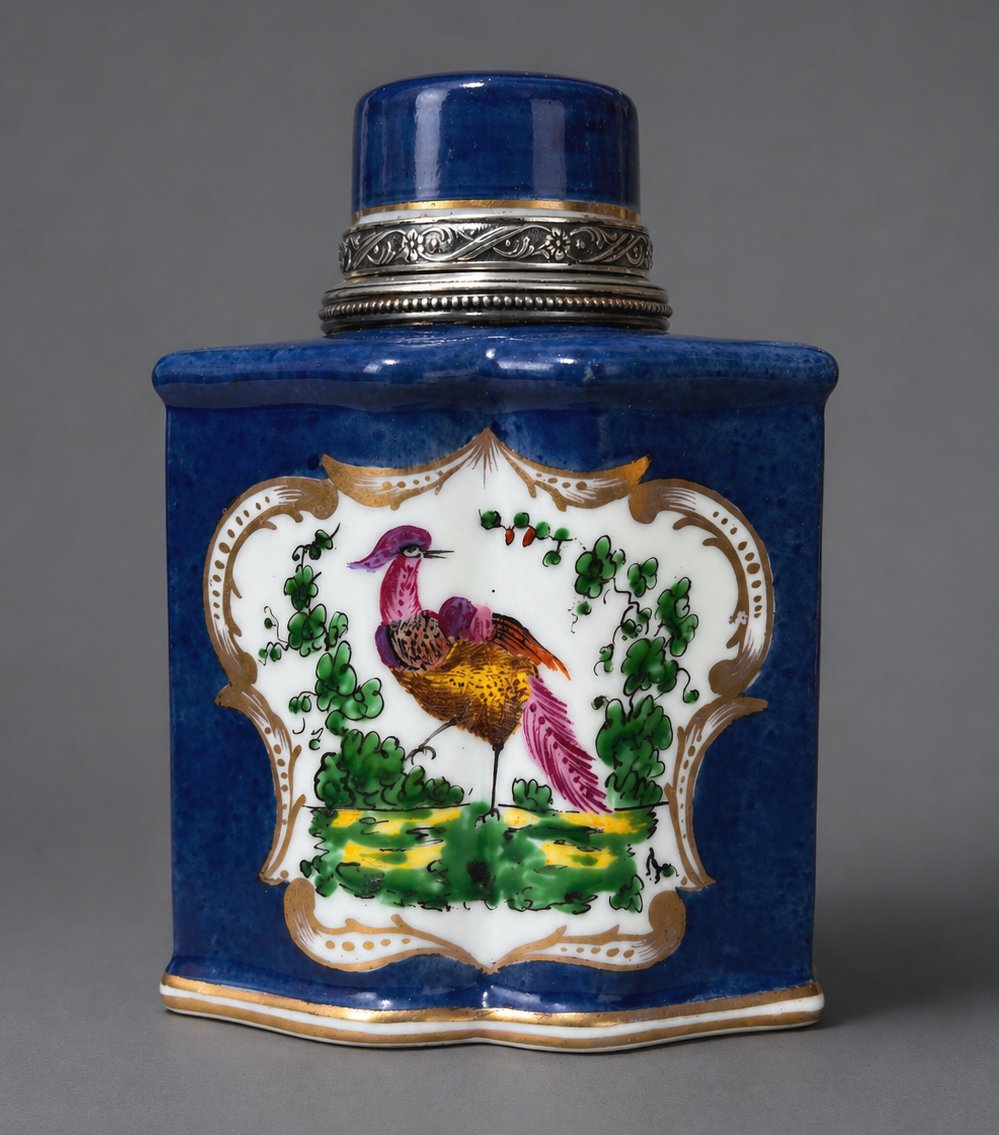 18th Century Porcelain Tea Box, Solid Silver Mounting, 19th Century, Birds With Branches-photo-4