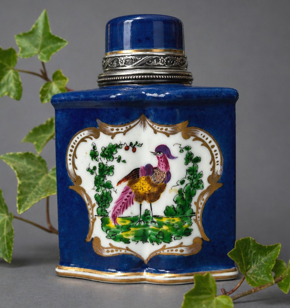 18th Century Porcelain Tea Box, Solid Silver Mounting, 19th Century, Birds With Branches