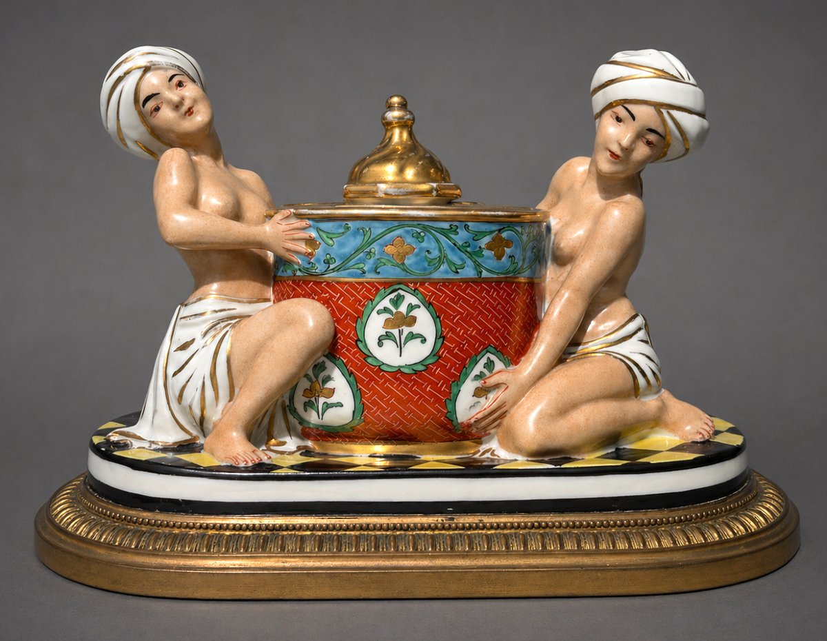 Encrier De Bureau Art Deco , Porcelaine & Bronze Doré , Deux Orientalistes , Style Robj-photo-3