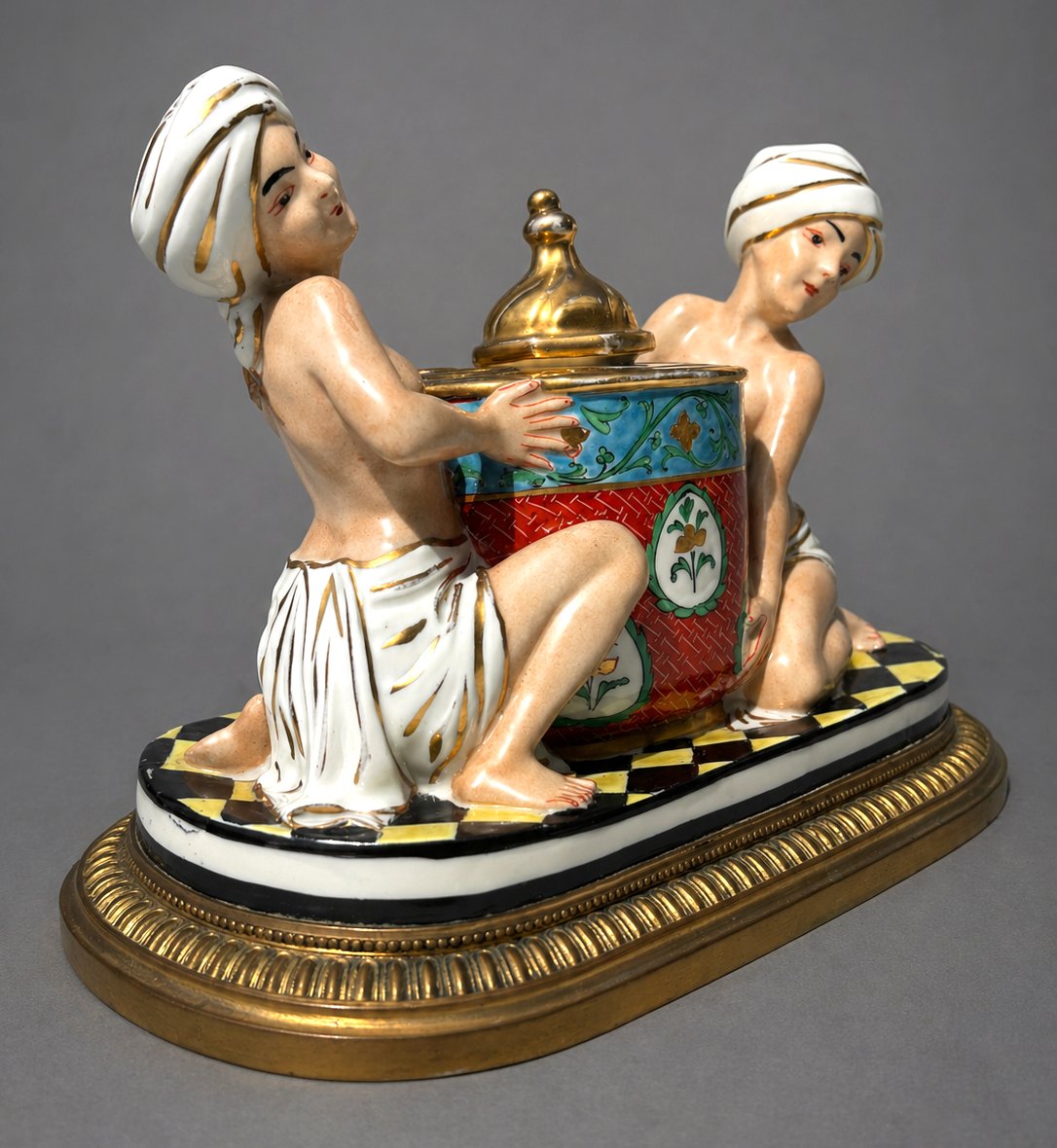 Encrier De Bureau Art Deco , Porcelaine & Bronze Doré , Deux Orientalistes , Style Robj-photo-4