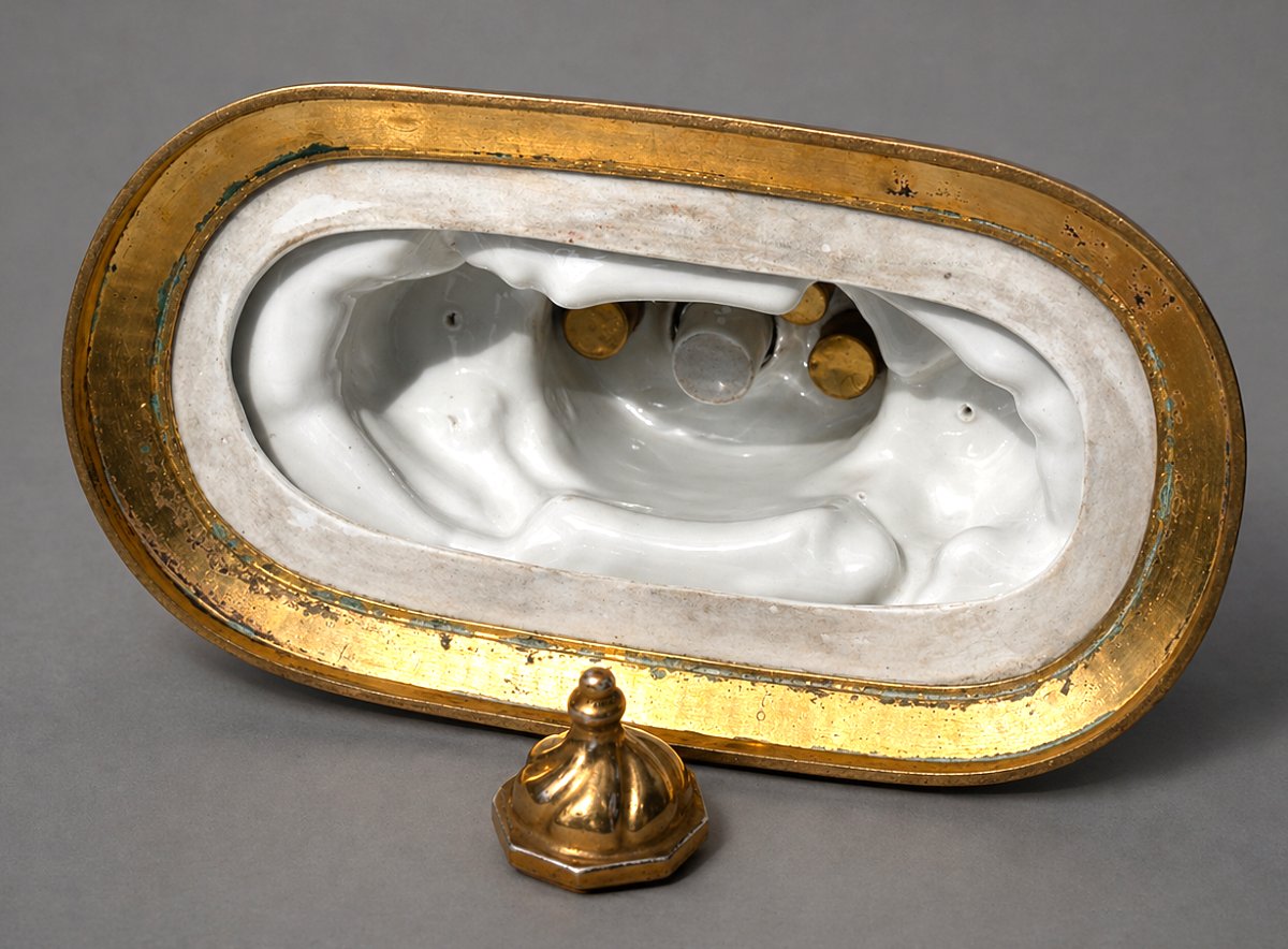 Encrier De Bureau Art Deco , Porcelaine & Bronze Doré , Deux Orientalistes , Style Robj-photo-1
