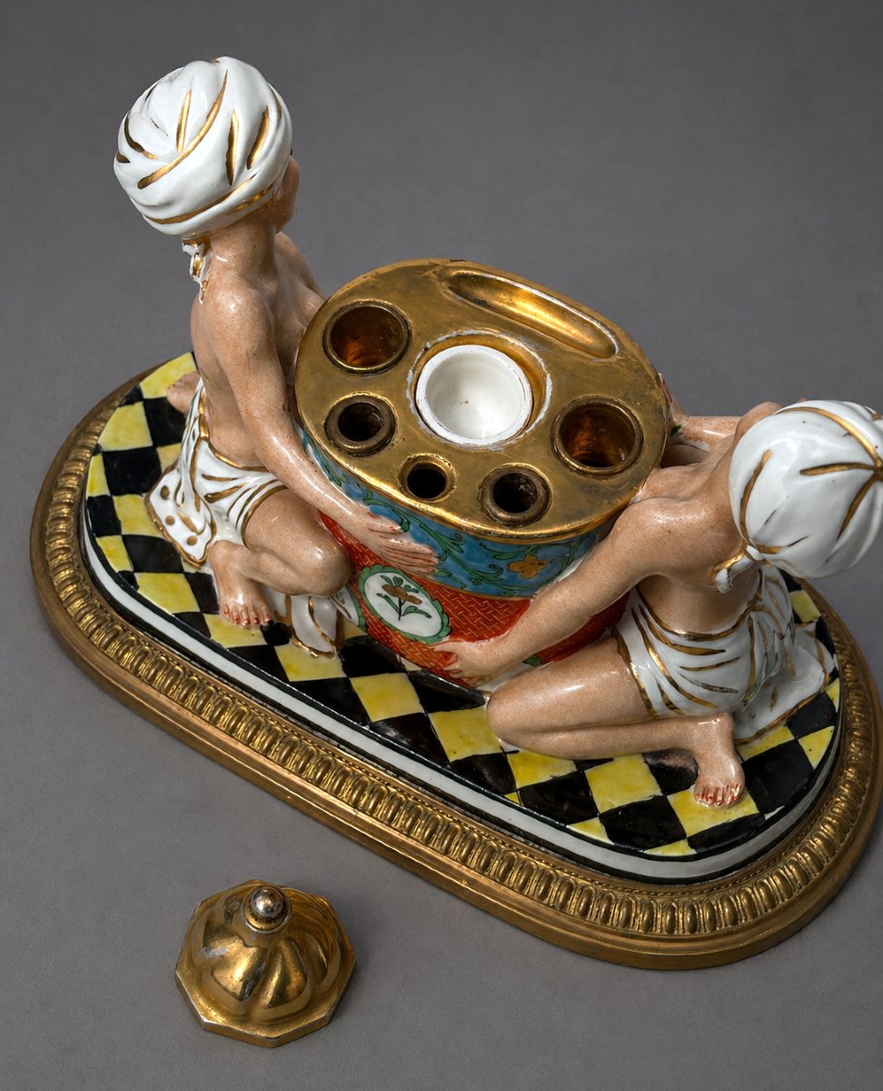 Encrier De Bureau Art Deco , Porcelaine & Bronze Doré , Deux Orientalistes , Style Robj-photo-2