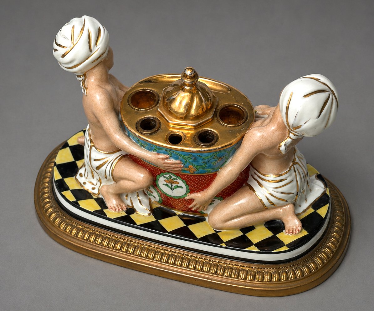 Encrier De Bureau Art Deco , Porcelaine & Bronze Doré , Deux Orientalistes , Style Robj-photo-3