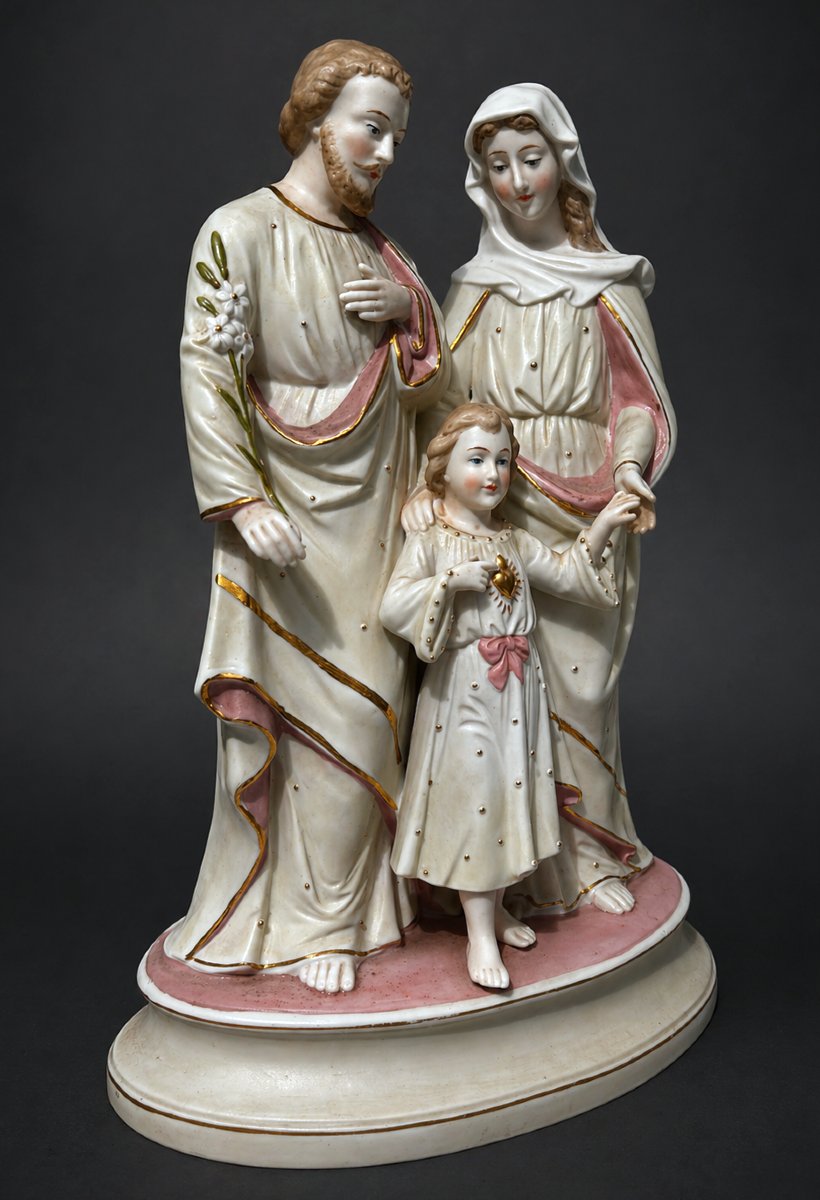 Goupe En Biscuit Polychrome , Sainte Famille Sujet Religieux XIXe , Sculpture , Virgin , Jesus-photo-2