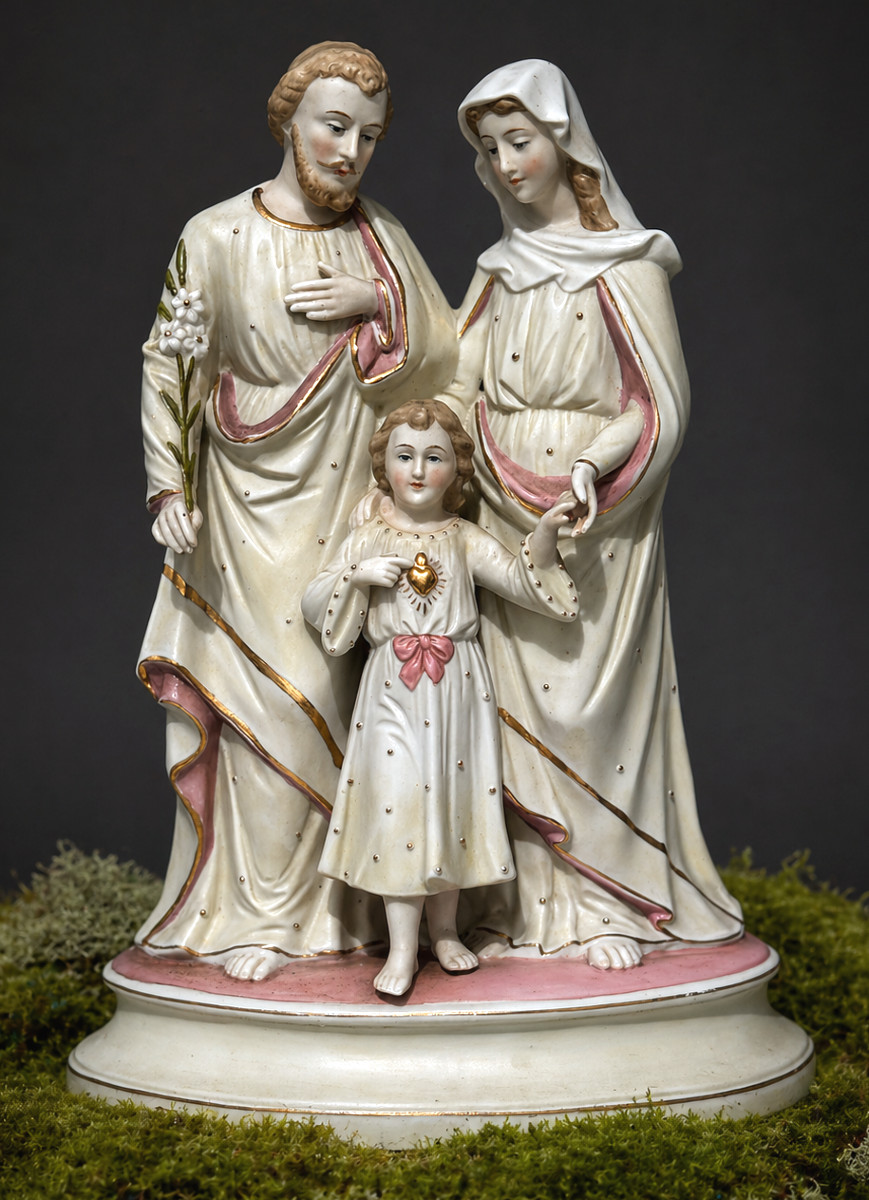 Goupe En Biscuit Polychrome , Sainte Famille Sujet Religieux XIXe , Sculpture , Virgin , Jesus