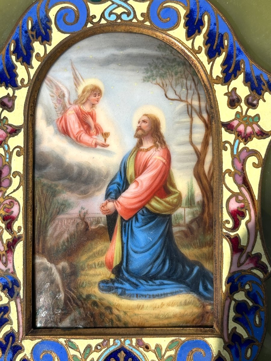 Benitier Mural , Epoque Napoléon III , Christ Au Jardin Des Oliviers , XIXe , Emaux Cloisonnés-photo-4