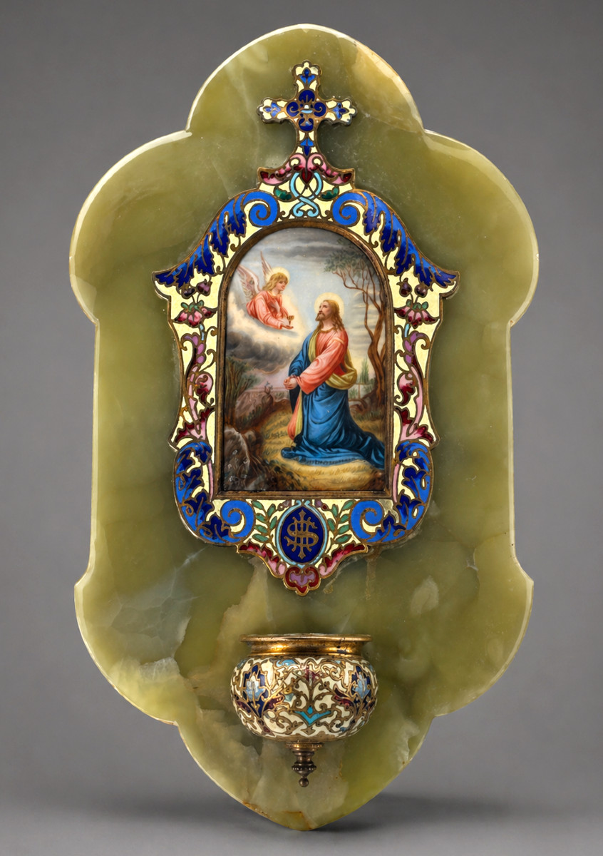 Benitier Mural , Epoque Napoléon III , Christ Au Jardin Des Oliviers , XIXe , Emaux Cloisonnés