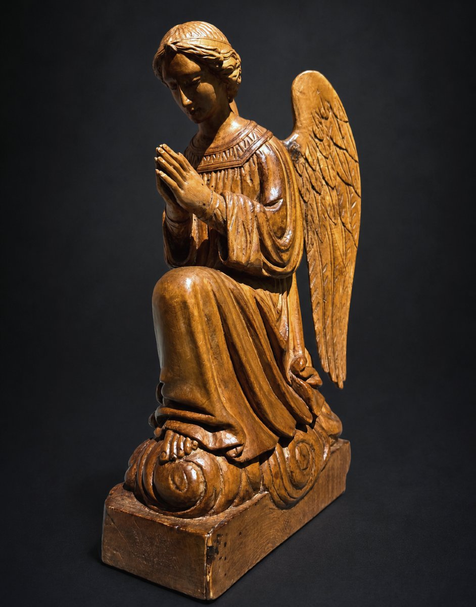 Ange En Priere , Statue Religieuse fin XIXe siecle , Orant , Bois Sculpté , Eglise -photo-2