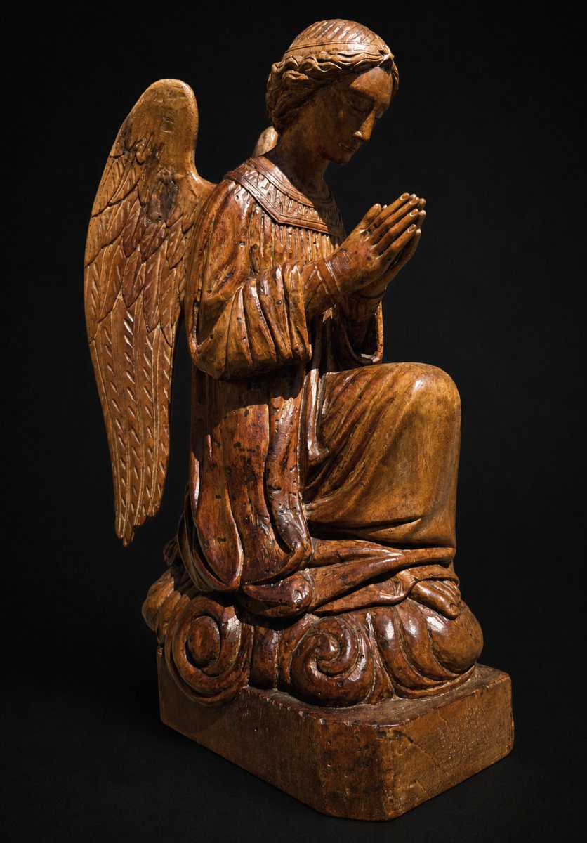 Ange En Priere , Statue Religieuse fin XIXe siecle , Orant , Bois Sculpté , Eglise -photo-3