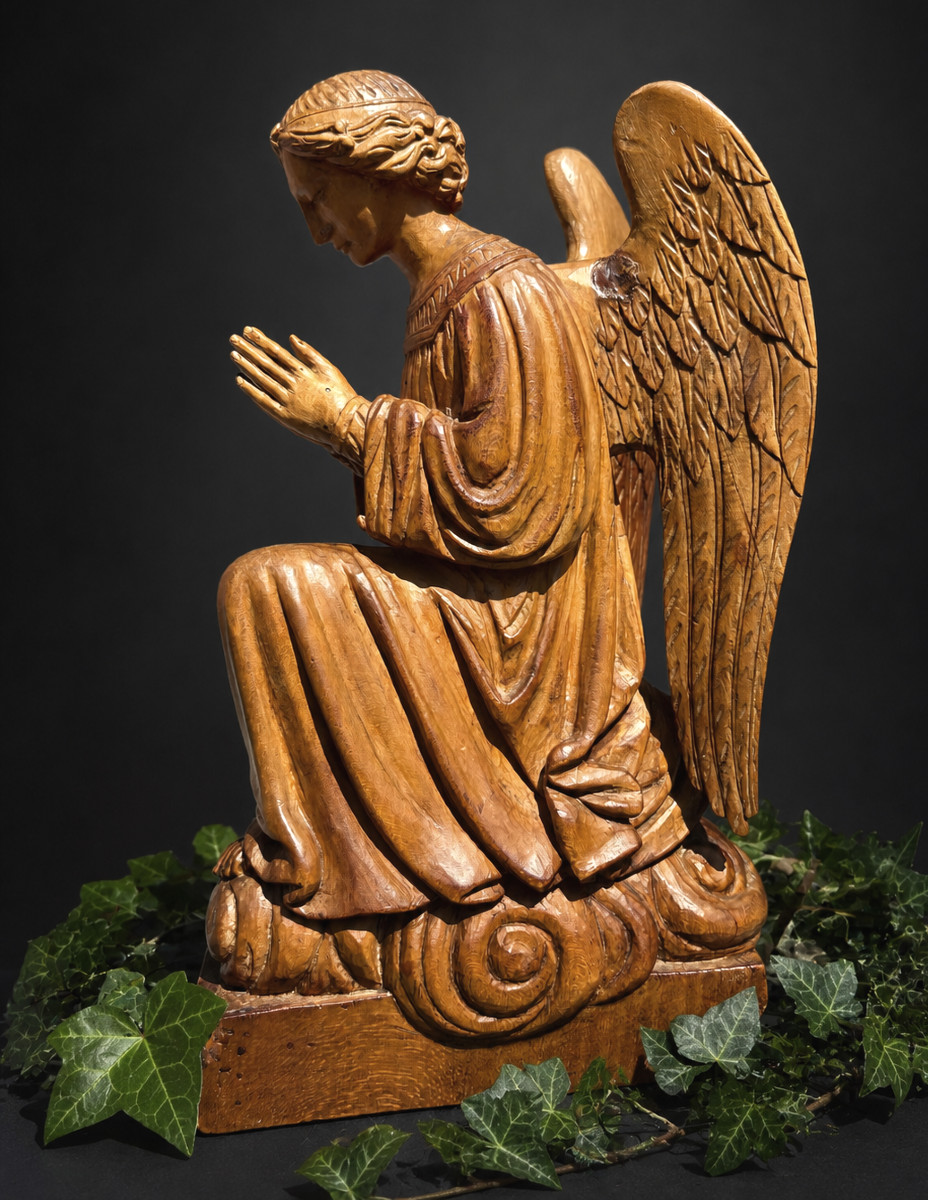Ange En Priere , Statue Religieuse fin XIXe siecle , Orant , Bois Sculpté , Eglise 