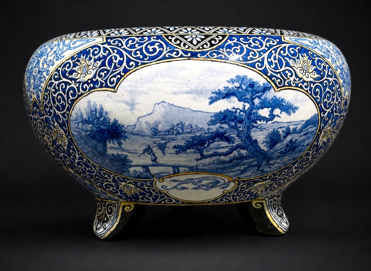 Cache Pot En Faience Fine De Sarreguemines , Decor Japonisant , Camaieu De Bleu , XIXe-photo-2