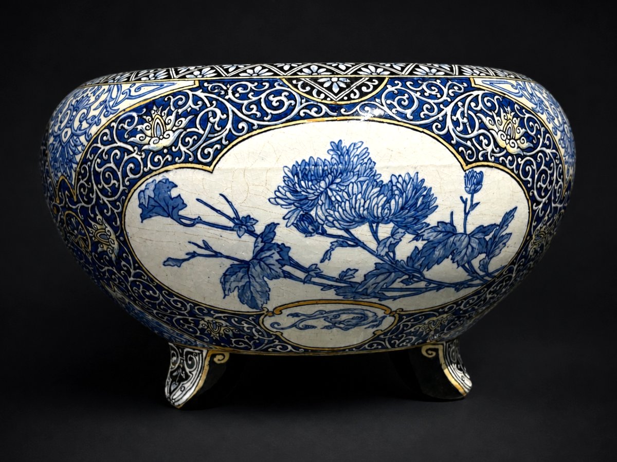 Cache Pot En Faience Fine De Sarreguemines , Decor Japonisant , Camaieu De Bleu , XIXe-photo-3
