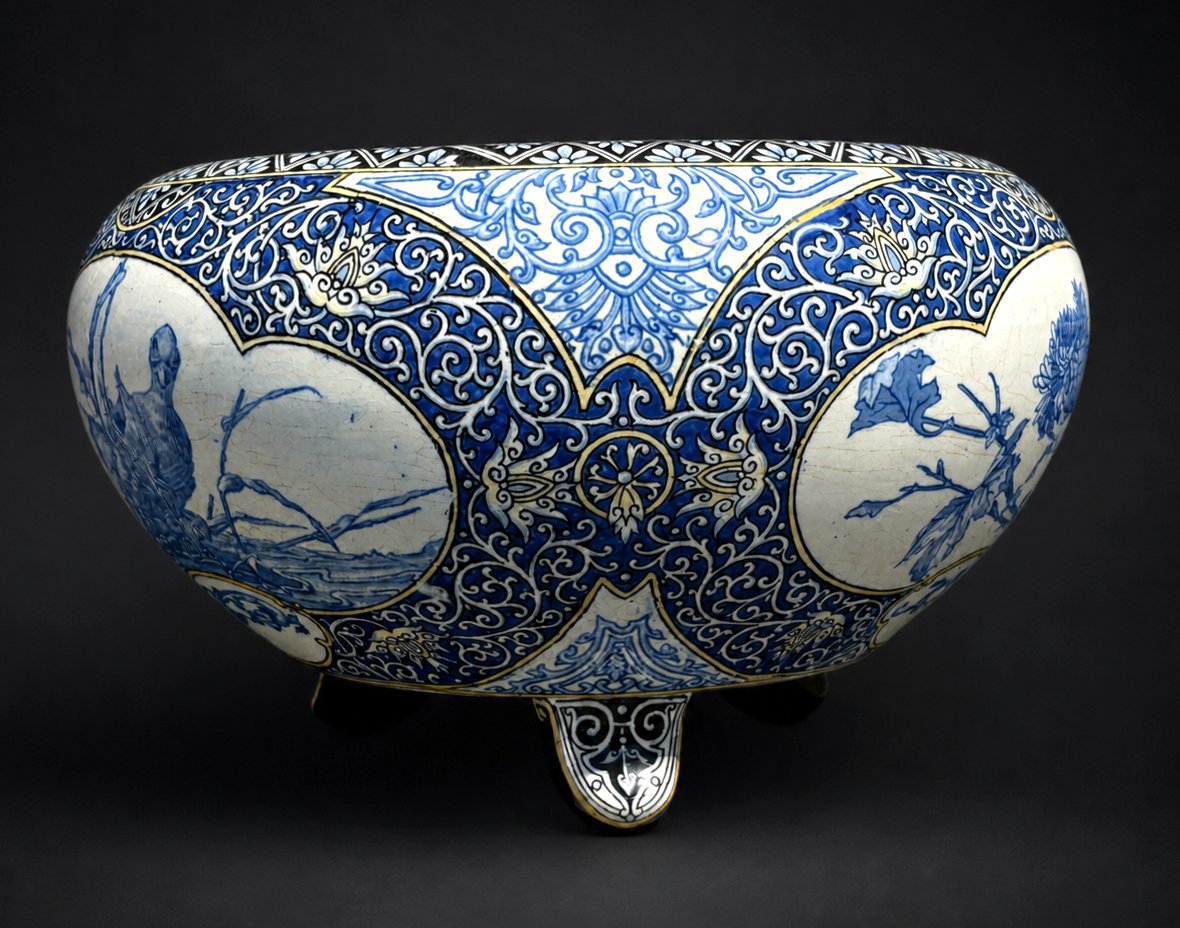 Cache Pot En Faience Fine De Sarreguemines , Decor Japonisant , Camaieu De Bleu , XIXe-photo-4