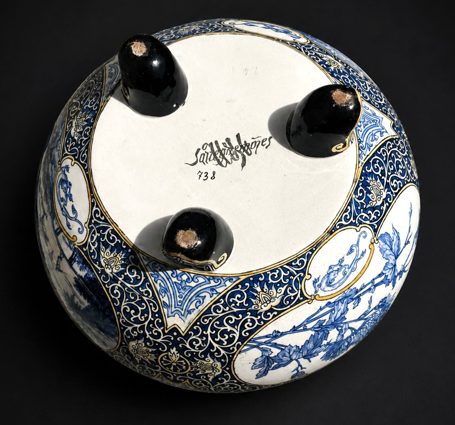 Cache Pot En Faience Fine De Sarreguemines , Decor Japonisant , Camaieu De Bleu , XIXe-photo-1