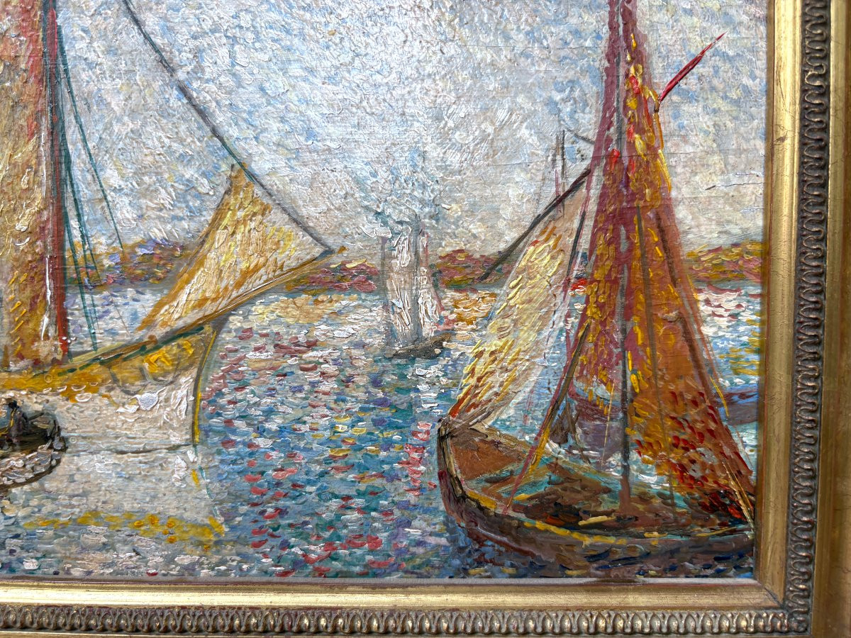 Oil On Panel , Post Impressionist , Pointillism , Seascape Signed Paul Flaubert , Sailboat-photo-2