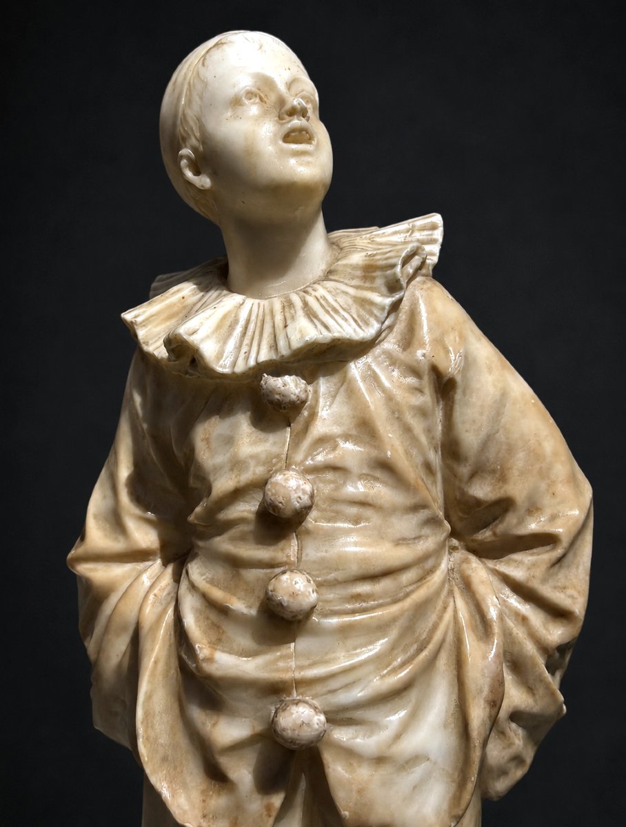 Sculpture En Albatre , Jeune Pierrot , Comedia Del Arte , Socle Marbre Vert De Mer , 1900 -photo-2